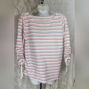 Striped Multicolor Oink Blue White  Top with Ruched Sleeves